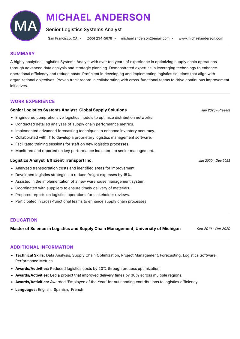 Logistics Systems Analyst resume example — ATS-friendly template
