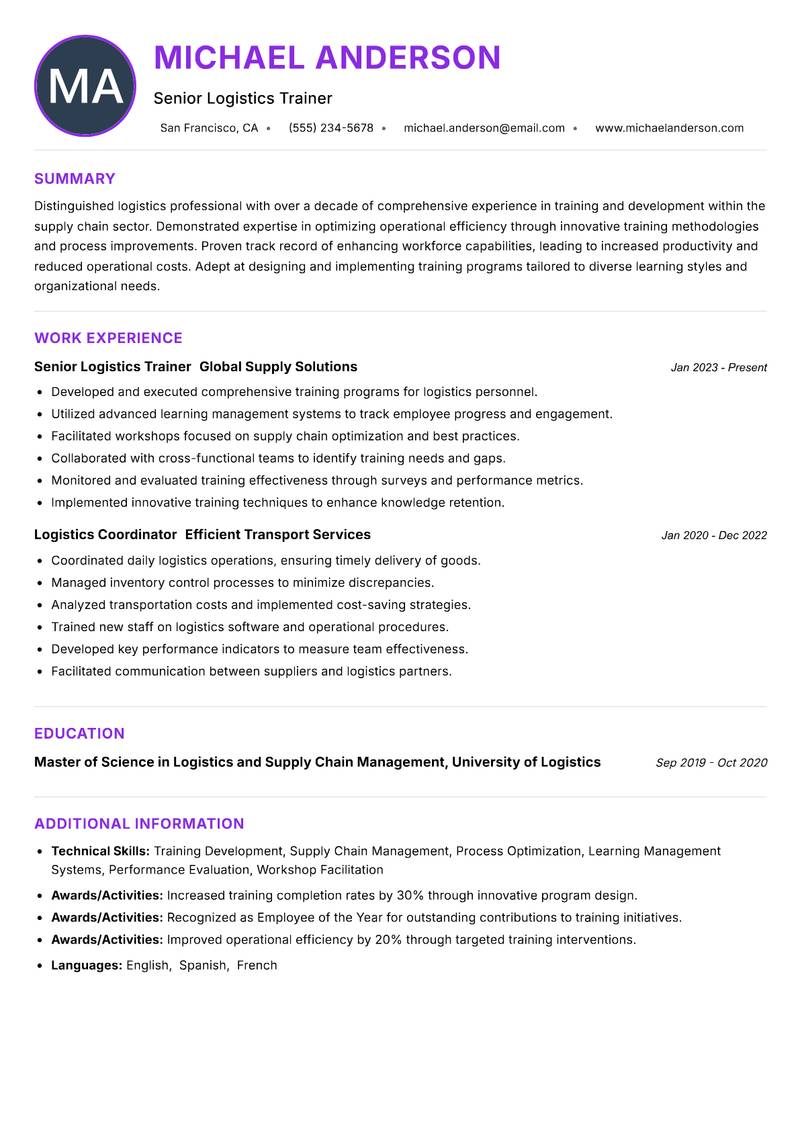 Logistics Trainer resume example — ATS-friendly template