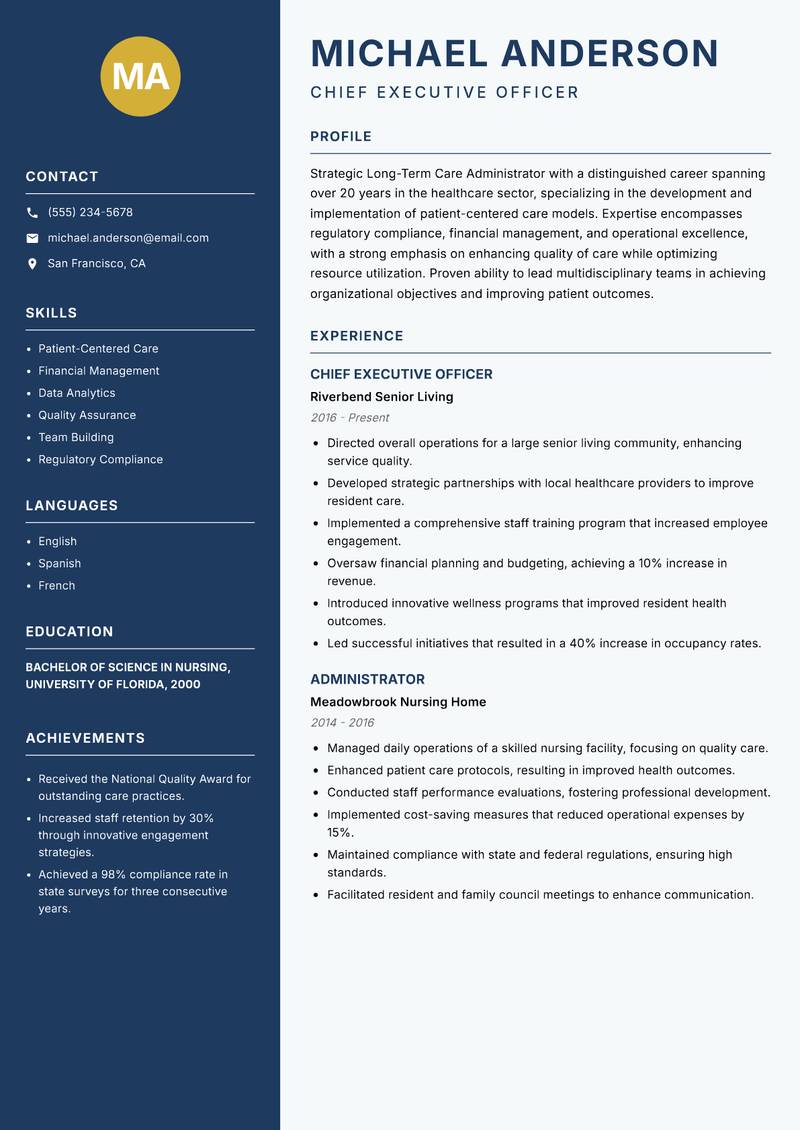 Long-Term Care Administrator resume template — Classic Clean
