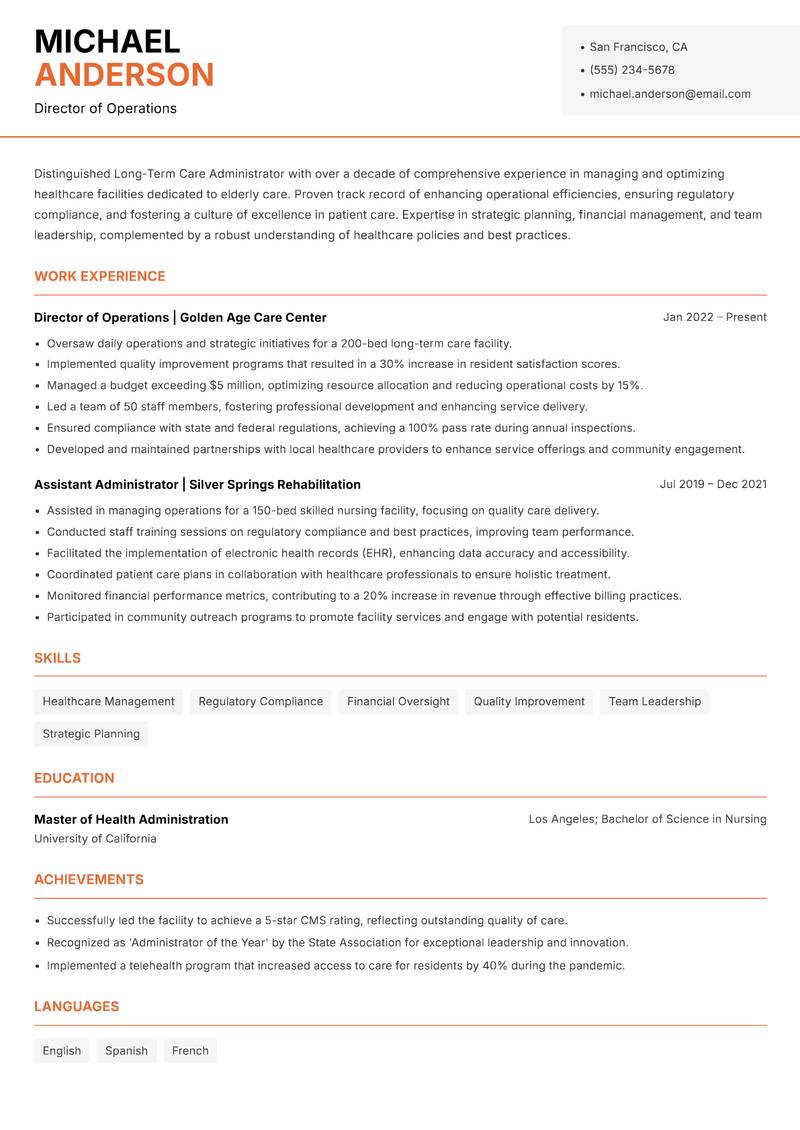 Long-Term Care Administrator resume template — Modern Professional