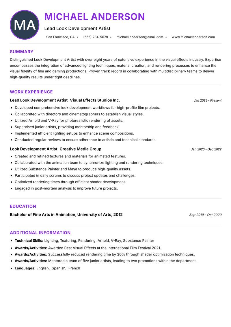 Look Development Artist resume example — ATS-friendly template