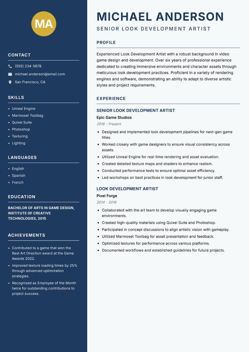 Look Development Artist resume template — Classic Clean