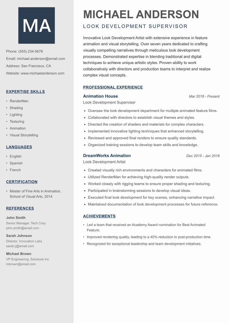 Look Development Artist resume template — Creative Minimal