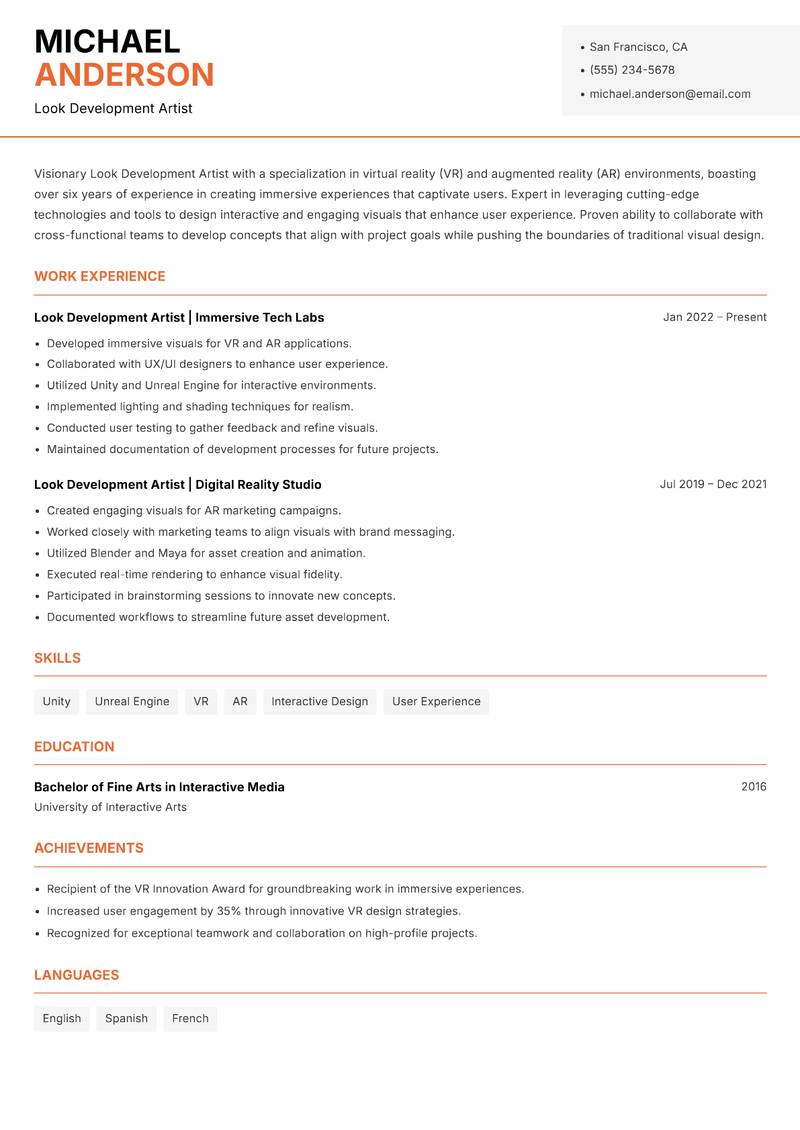 Look Development Artist resume template — Modern Professional