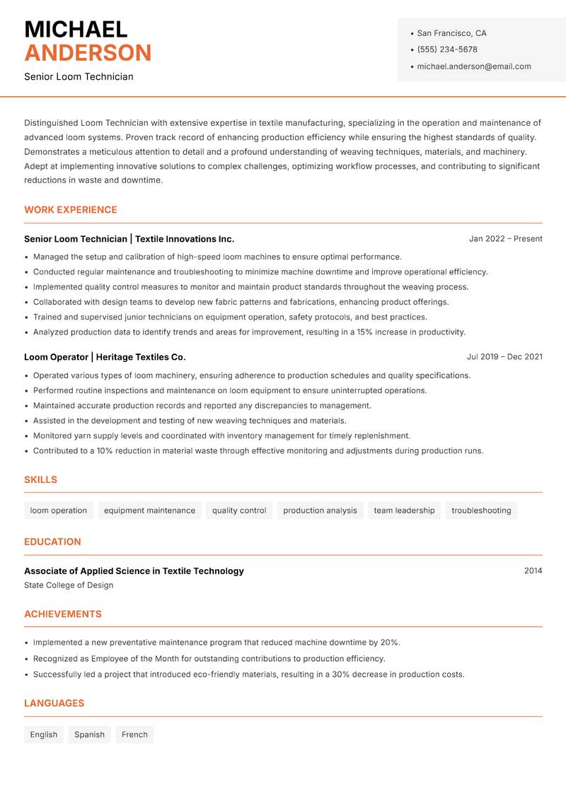 Loom Technician resume template — Modern Professional