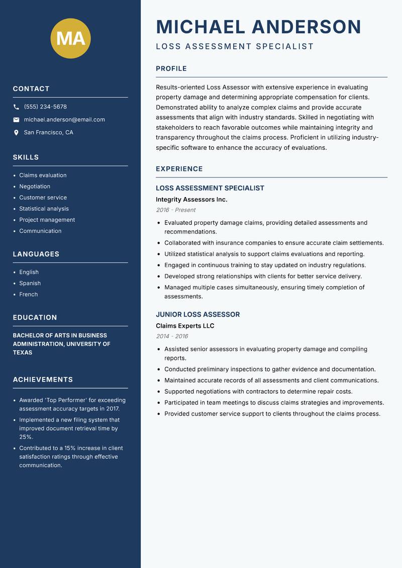 Loss Assessor resume template — Classic Clean