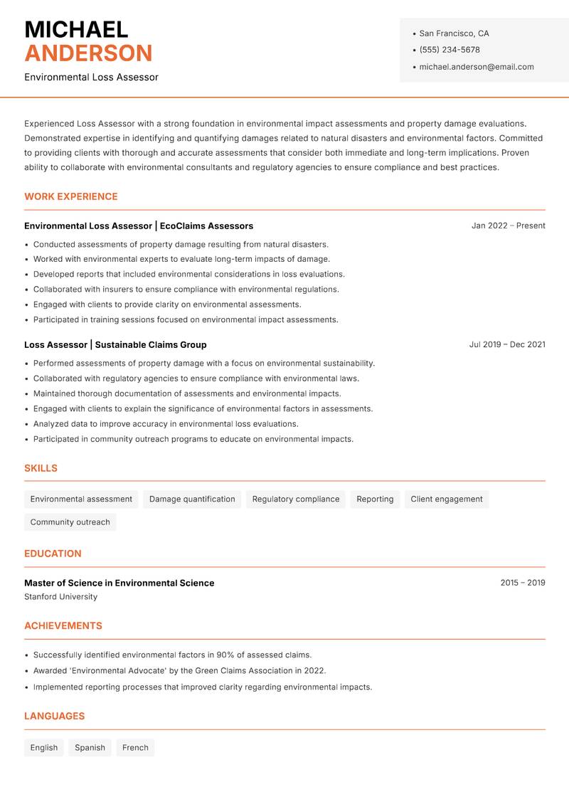 Loss Assessor resume template — Modern Professional