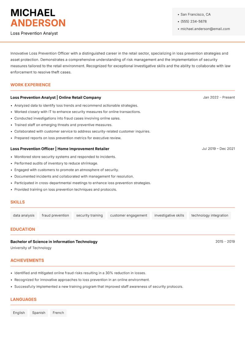 Loss Prevention Officer resume template — Modern Professional