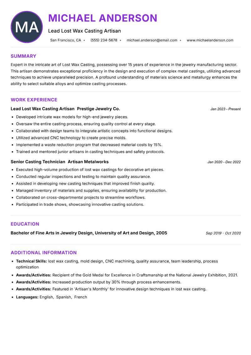 Lost Wax Casting Artisan resume example — ATS-friendly template
