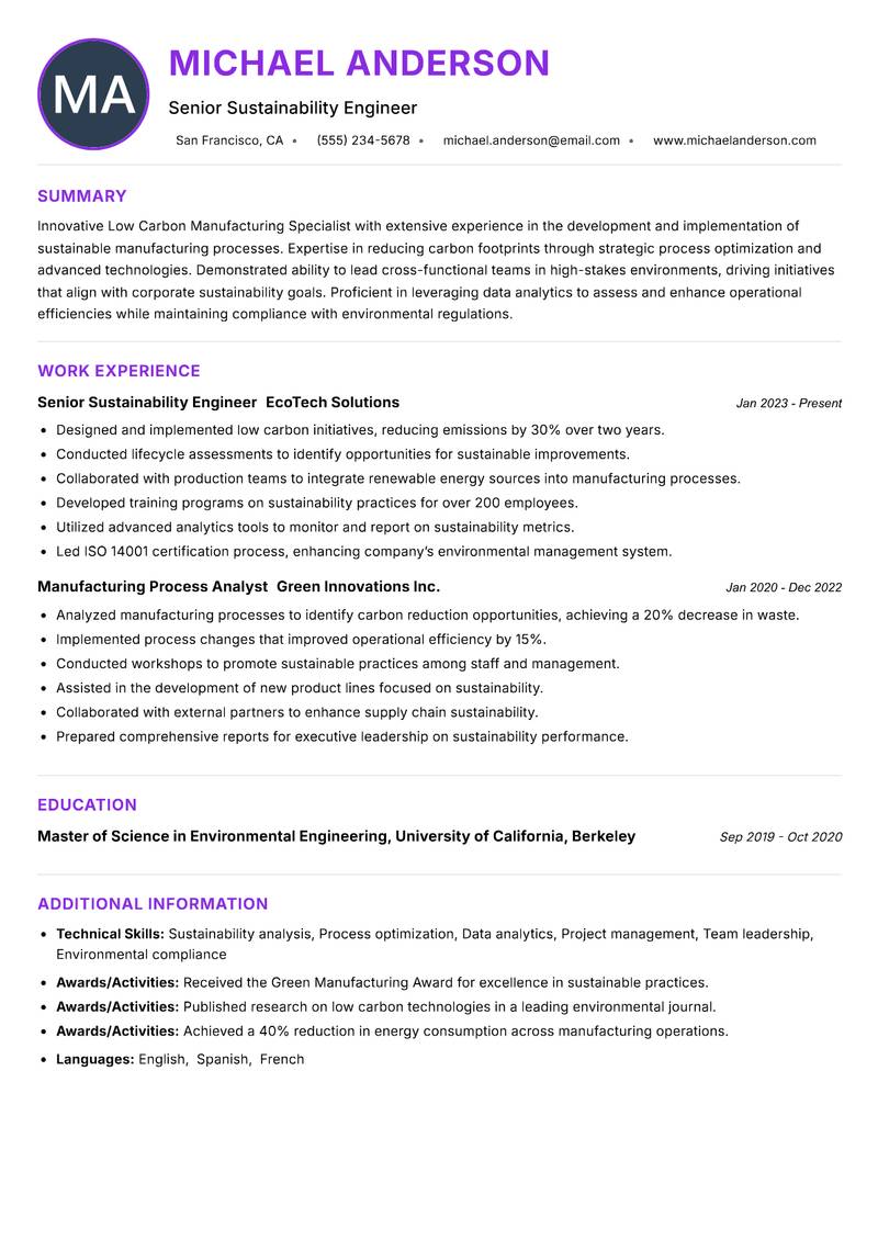 Low Carbon Manufacturing Specialist resume example — ATS-friendly template