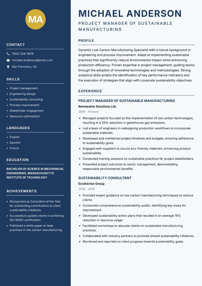 Low Carbon Manufacturing Specialist resume template — Classic Clean