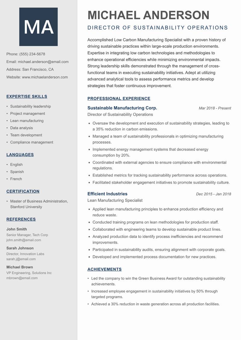 Low Carbon Manufacturing Specialist resume template — Creative Minimal