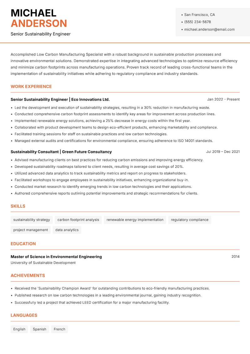 Low Carbon Manufacturing Specialist resume template — Modern Professional