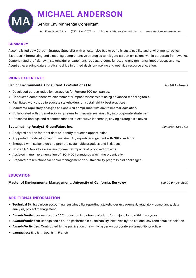 Low Carbon Strategy Specialist resume example — ATS-friendly template