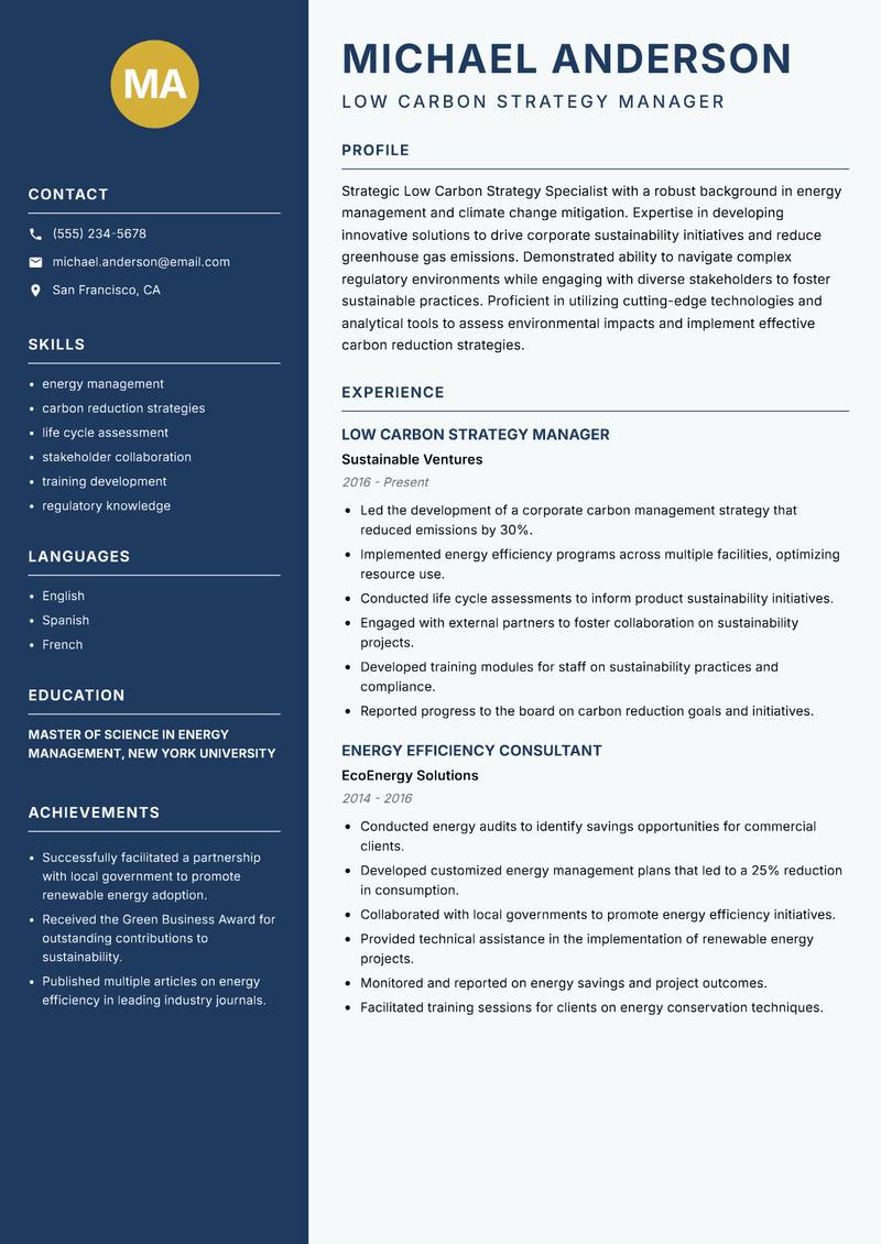 Low Carbon Strategy Specialist resume template — Classic Clean