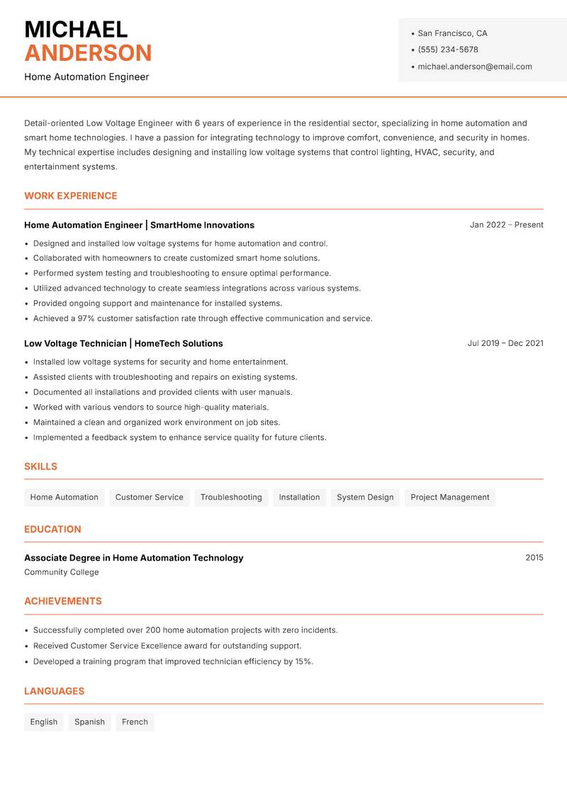 Low Voltage Engineer resume template — Modern Professional
