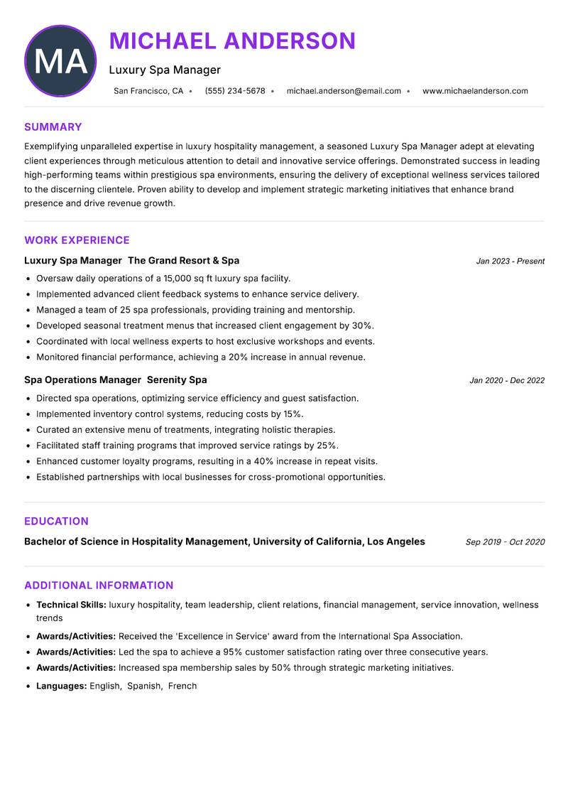 Luxury Spa Manager resume example — ATS-friendly template