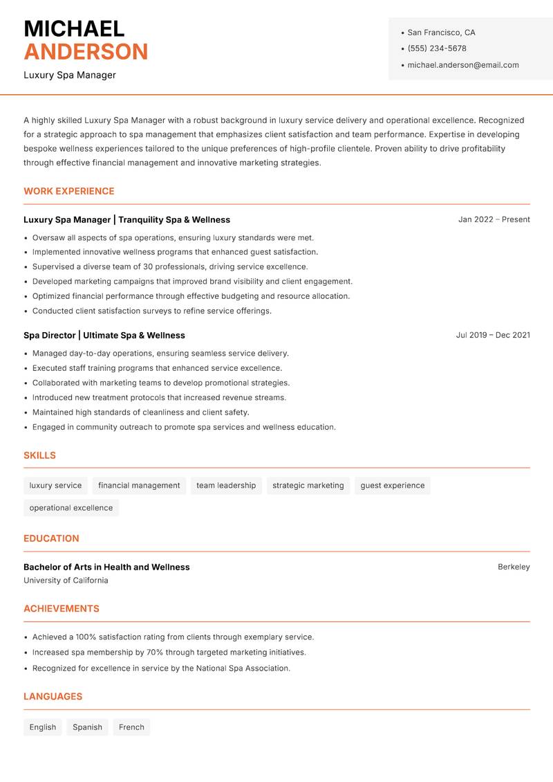 Luxury Spa Manager resume template — Modern Professional