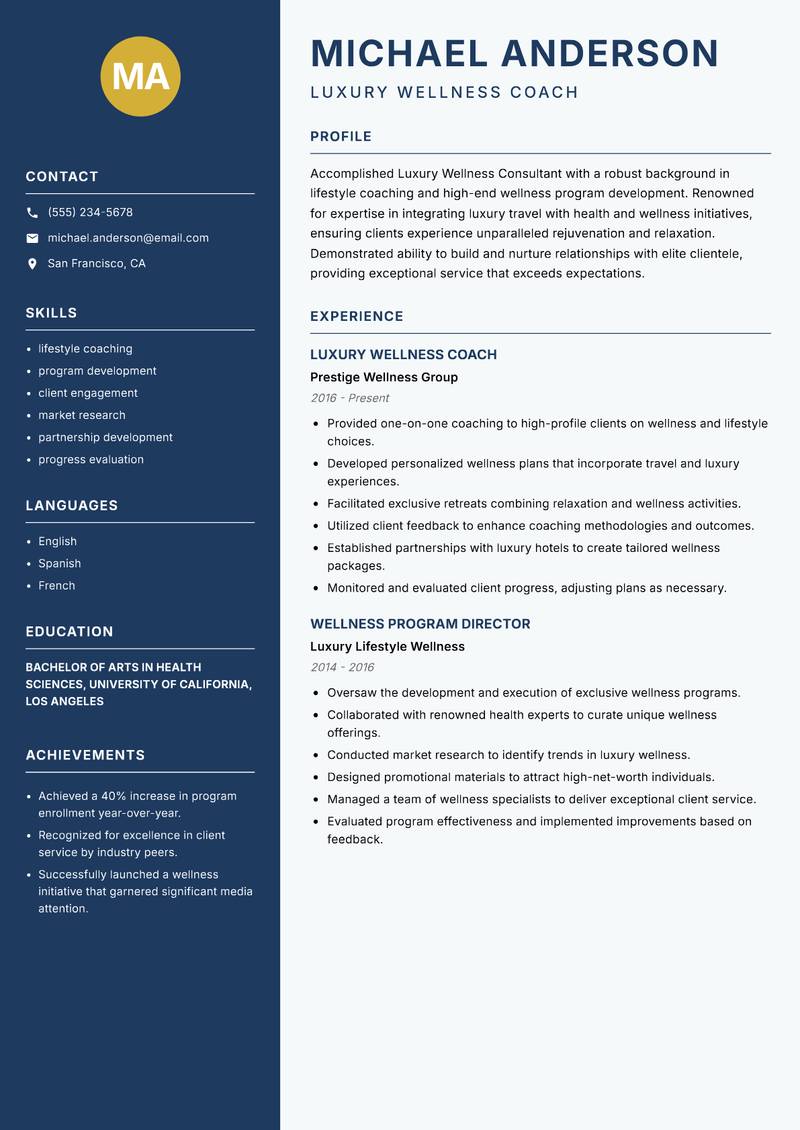 Luxury Wellness Consultant resume template — Classic Clean
