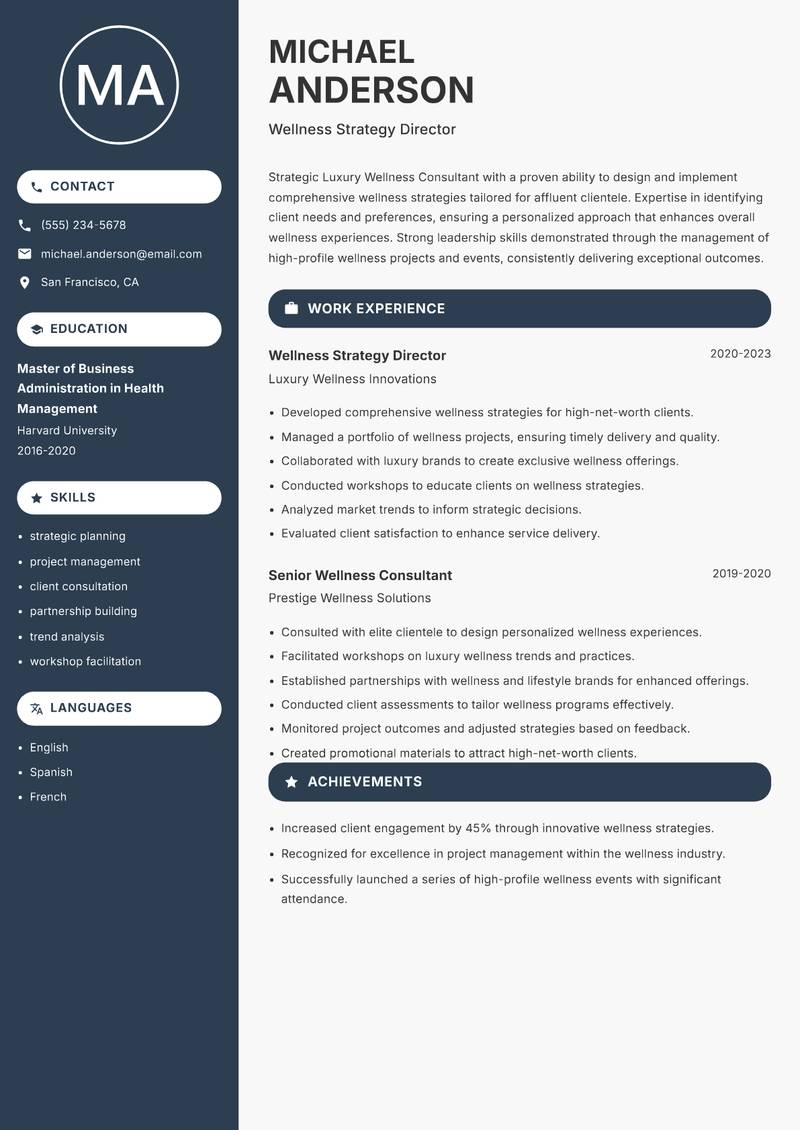 Luxury Wellness Consultant resume template — Compact