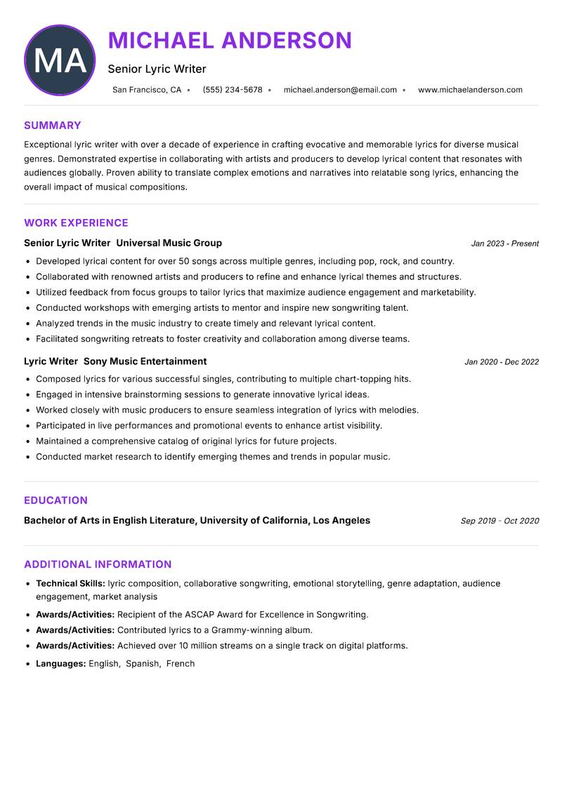 Lyric Writer resume example — ATS-friendly template