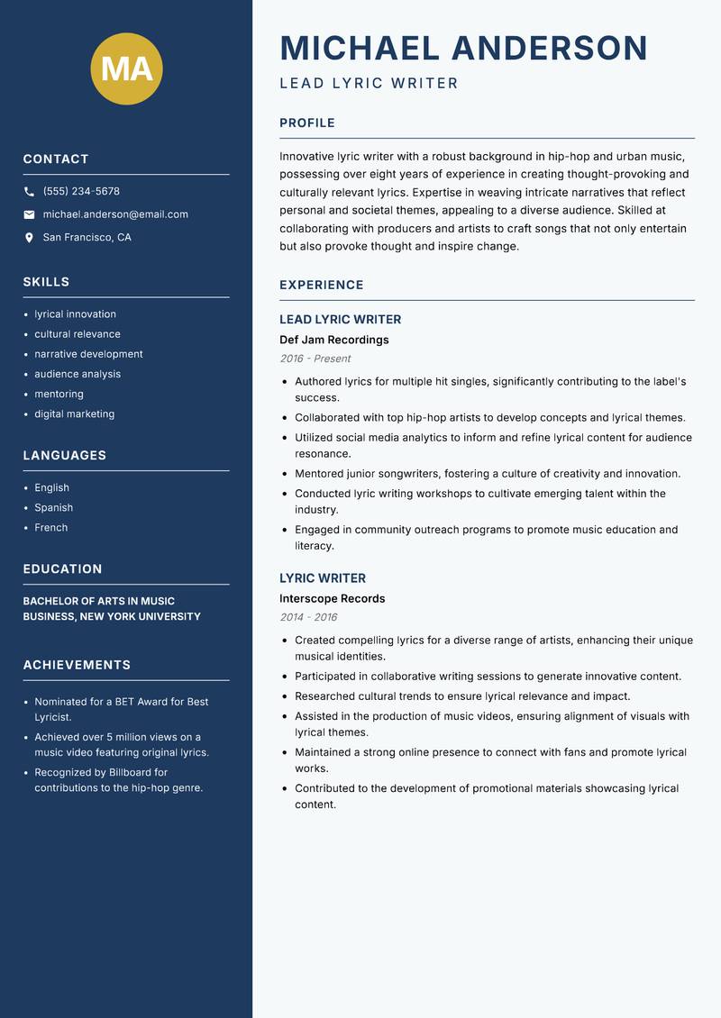 Lyric Writer resume template — Classic Clean