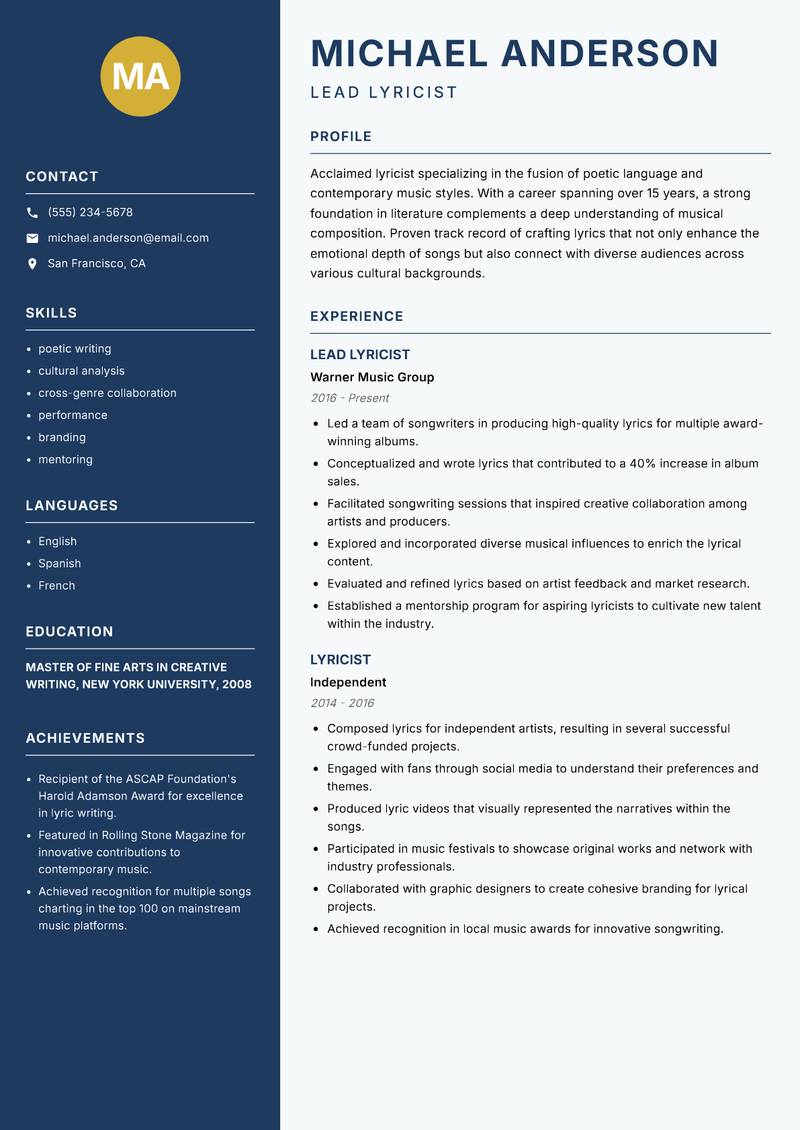 Lyricist resume template — Classic Clean