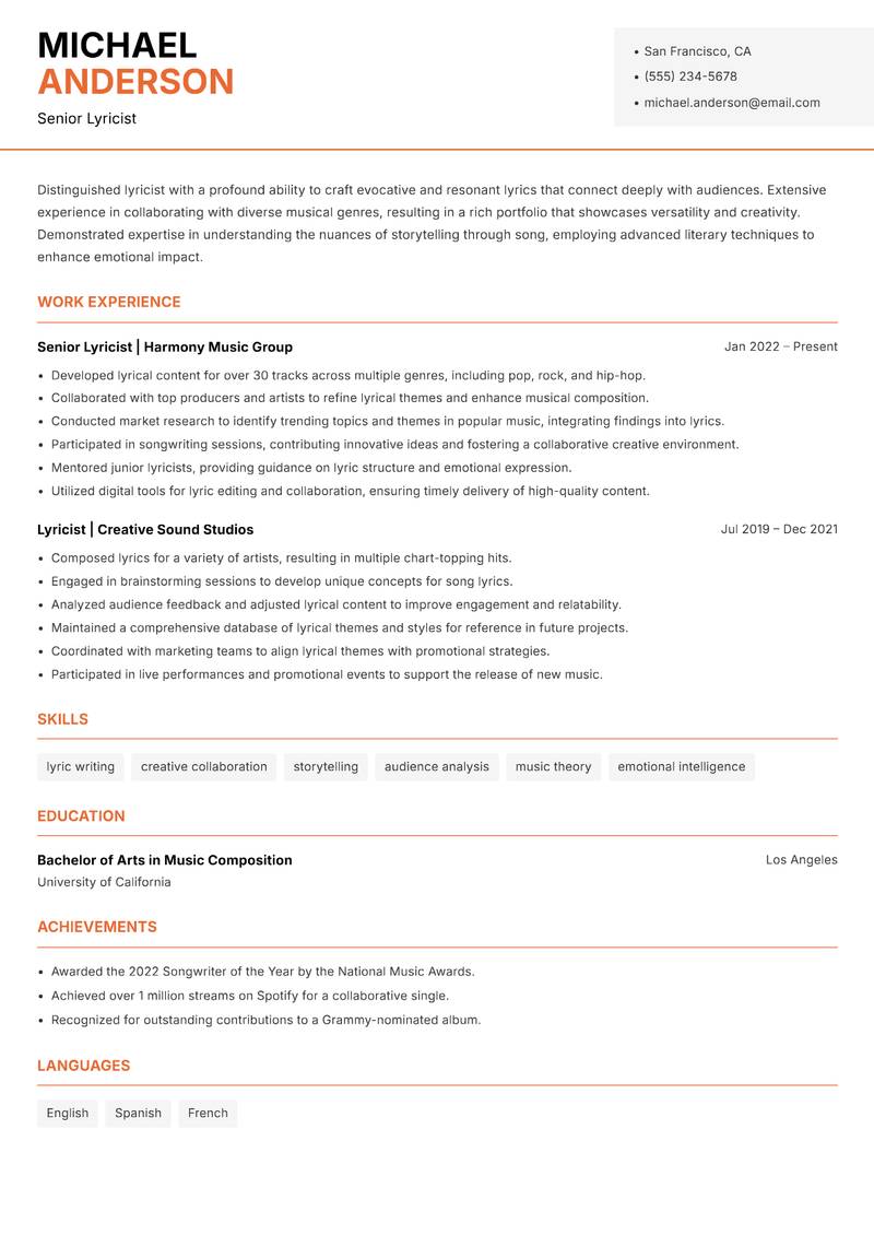 Lyricist resume template — Modern Professional