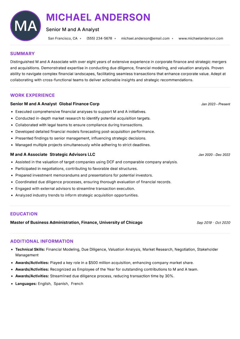 M and A Associate resume example — ATS-friendly template