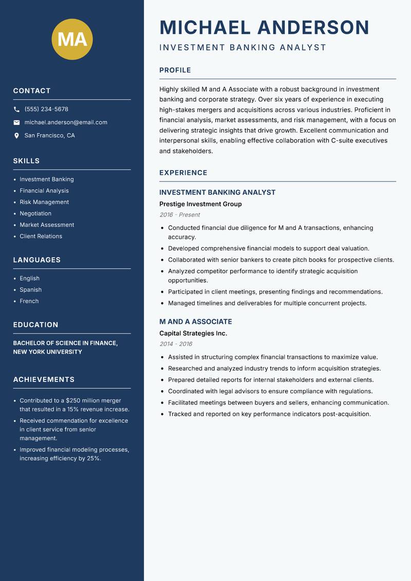 M and A Associate resume template — Classic Clean