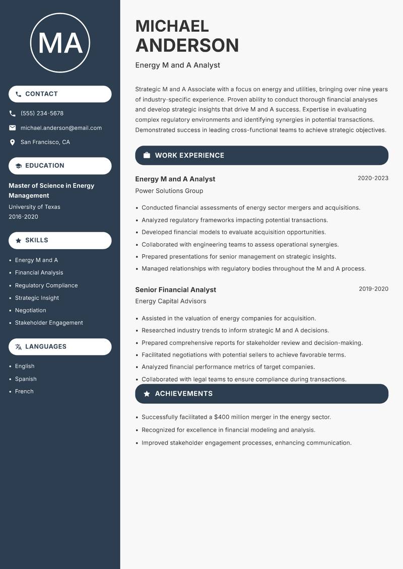 M and A Associate resume template — Compact