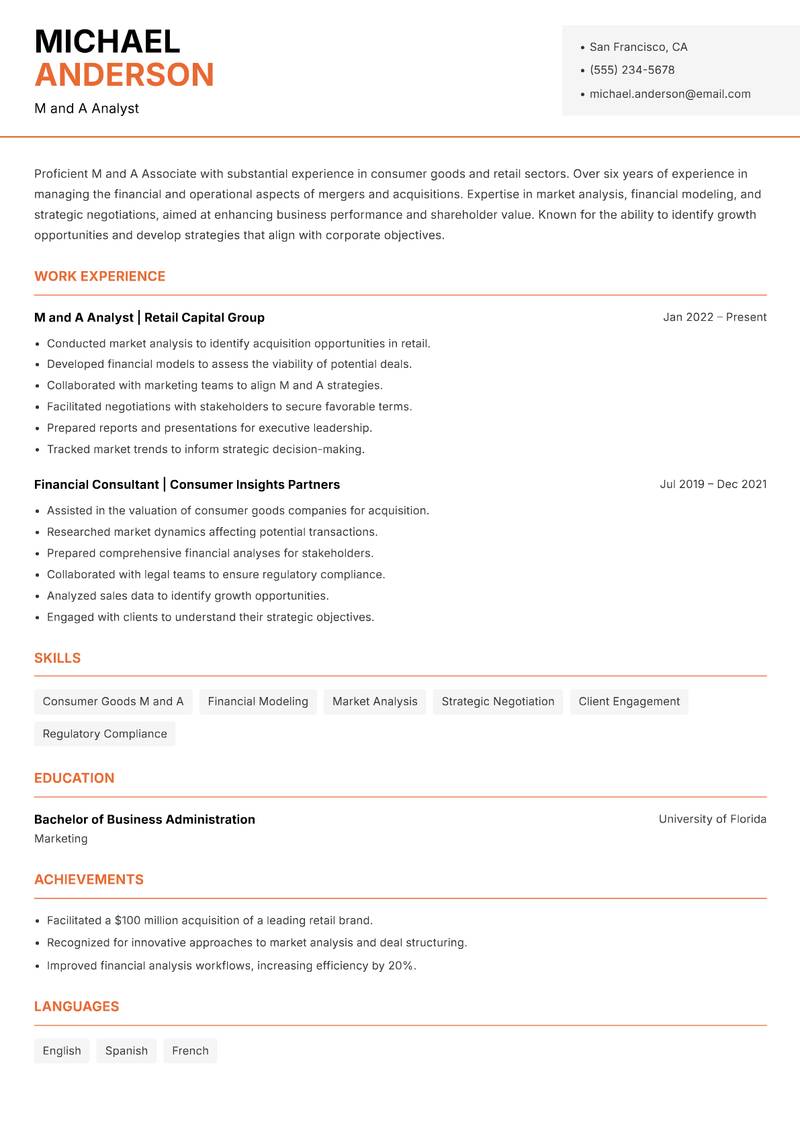 M and A Associate resume template — Modern Professional