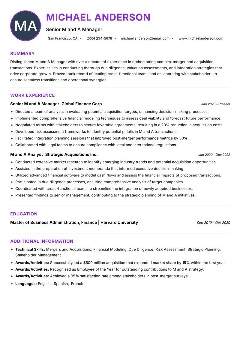 M and A Manager resume example — ATS-friendly template