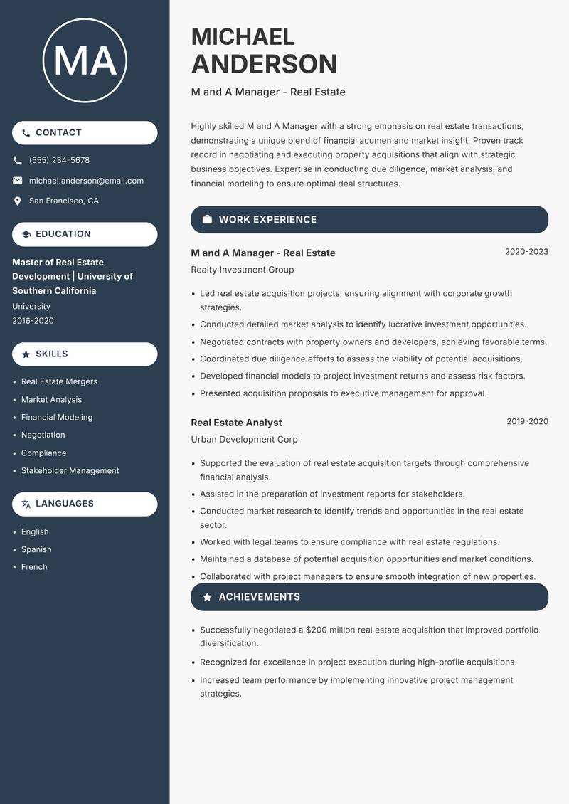 M and A Manager resume template — Compact