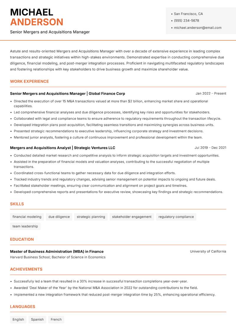 M and A Manager resume template — Modern Professional