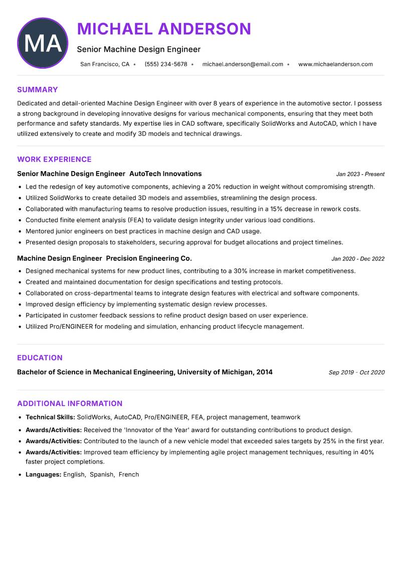 Machine Design Engineer resume example — ATS-friendly template