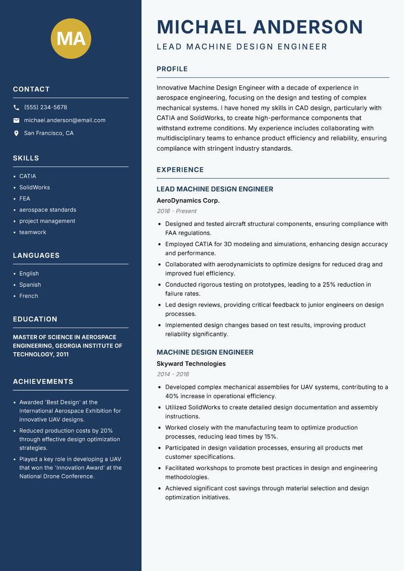 Machine Design Engineer resume template — Classic Clean