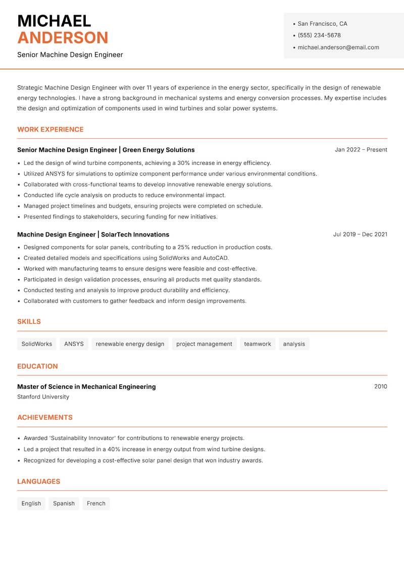 Machine Design Engineer resume template — Modern Professional