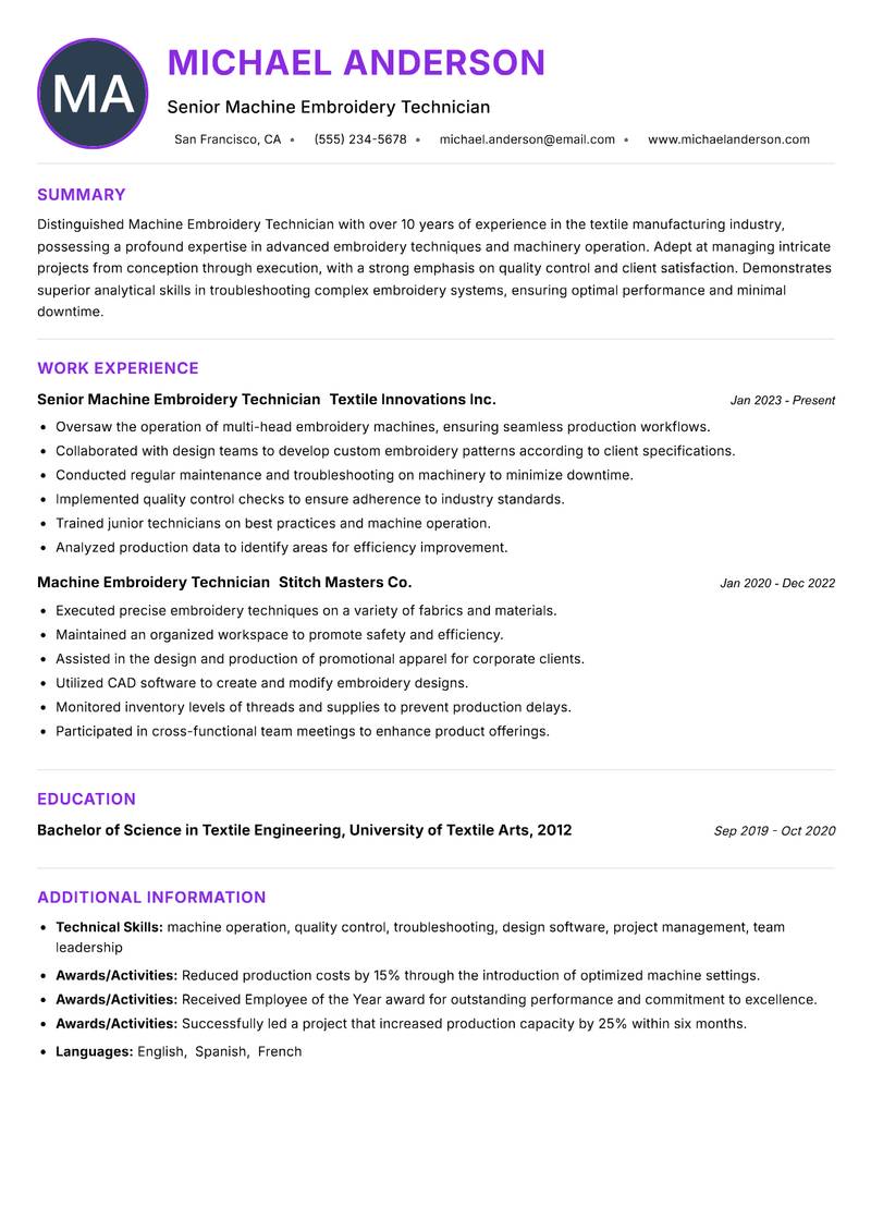Machine Embroidery Technician resume example — ATS-friendly template