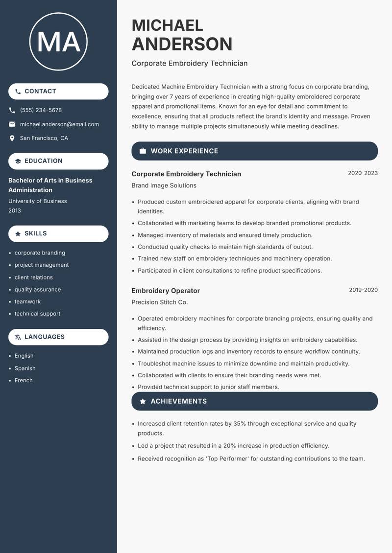 Machine Embroidery Technician resume template — Compact
