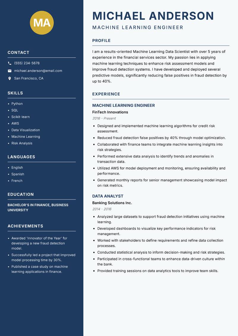 Machine Learning Data Scientist resume template — Classic Clean