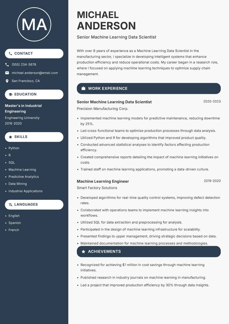 Machine Learning Data Scientist resume template — Compact
