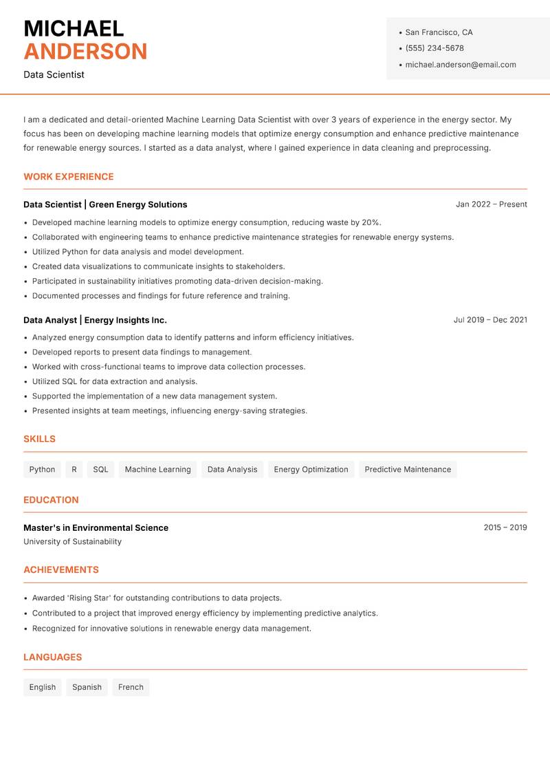 Machine Learning Data Scientist resume template — Modern Professional