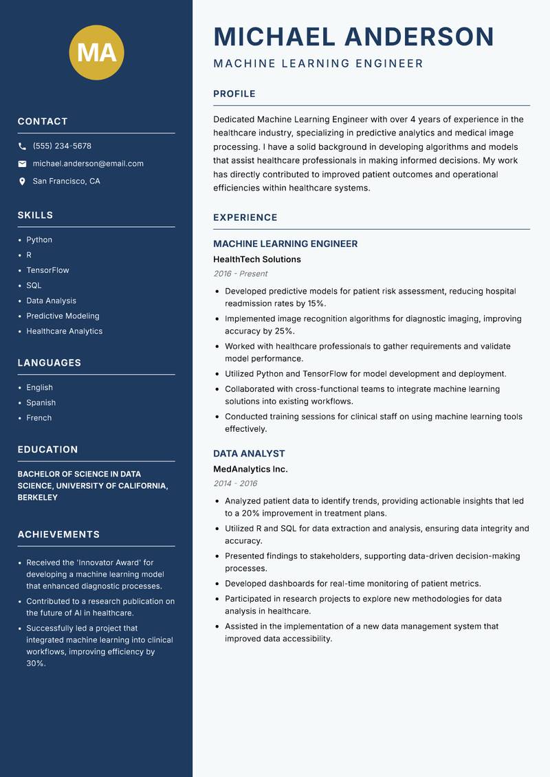 Machine Learning Engineer resume template — Classic Clean