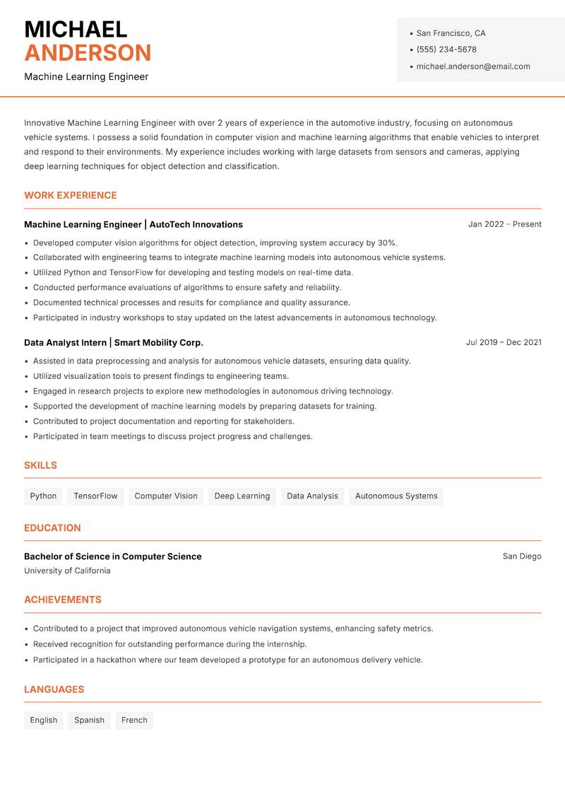Machine Learning Engineer resume template — Modern Professional