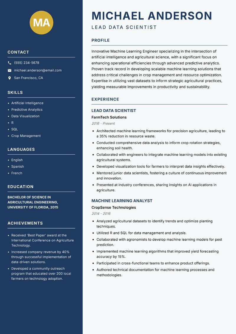 Machine Learning Engineer Agriculture resume template — Classic Clean