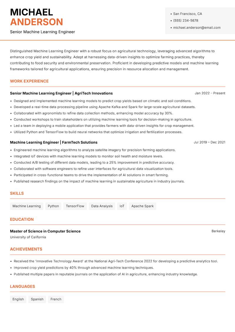 Machine Learning Engineer Agriculture resume template — Modern Professional