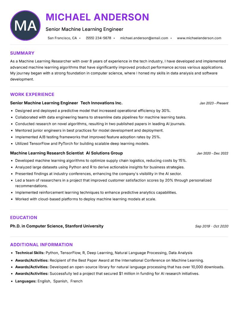 Machine Learning Researcher resume example — ATS-friendly template