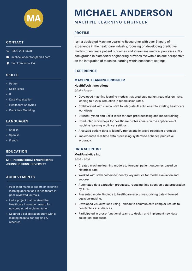 Machine Learning Researcher resume template — Classic Clean
