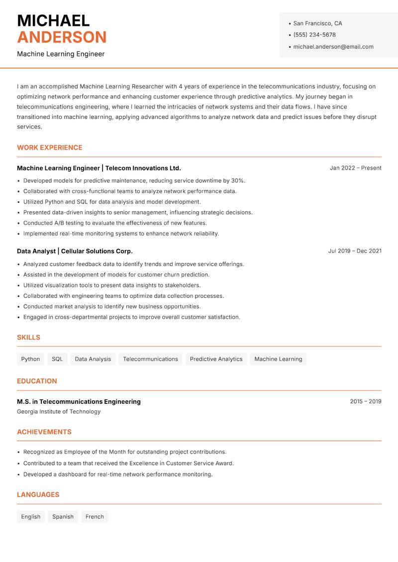 Machine Learning Researcher resume template — Modern Professional